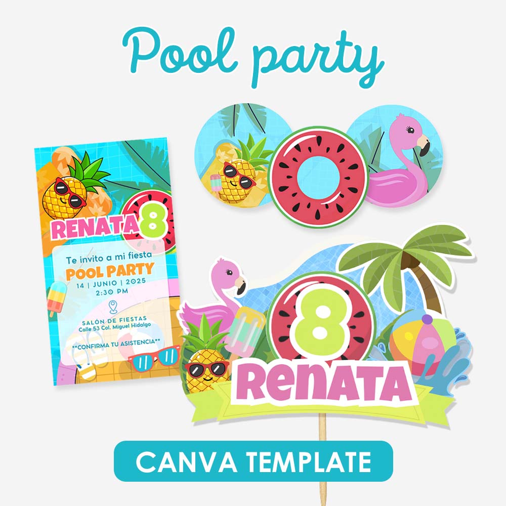 Mini Kit Pool Party — Invitación, Cake Topper y Etiquetas