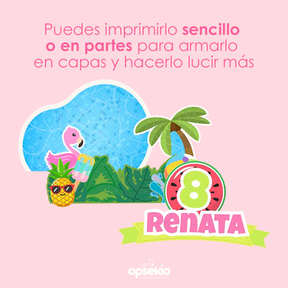 Cake Topper Pool Party — Letrero para Pastel Imprimible