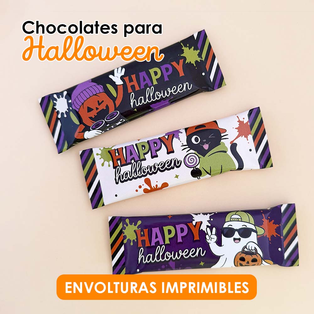 Envoltura Chocolate Halloween Spooky fun — 3 Diseños Imprimibles PDF