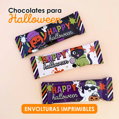 Envoltura Chocolate Halloween Spooky fun — 3 Diseños Imprimibles PDF