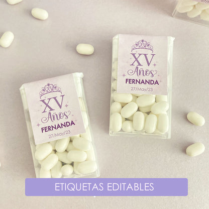 Etiquetas recuerdos para XV años lila tic tac