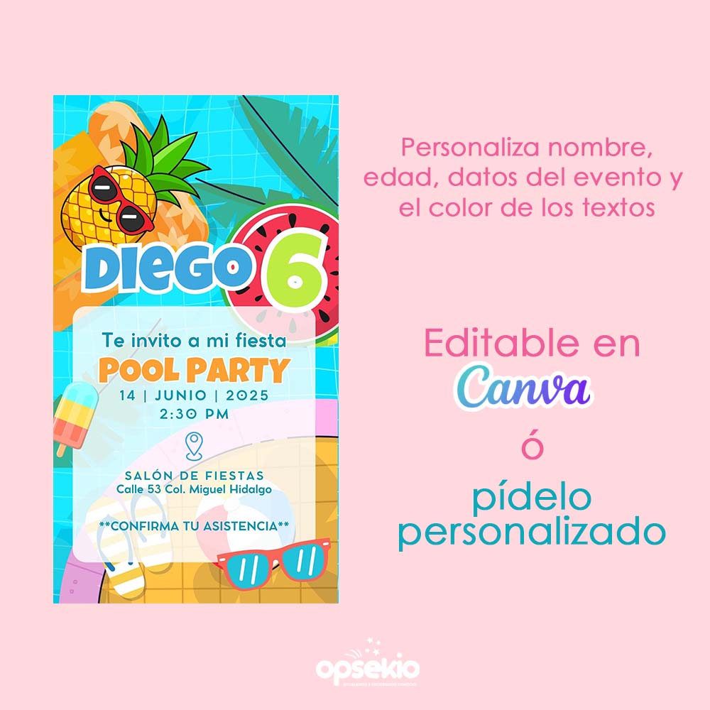 Invitación Pool Party Niños — Digital e Imprimible