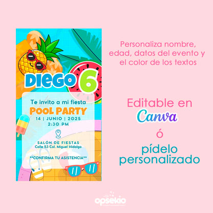 Invitación Pool Party Niños — Digital e Imprimible