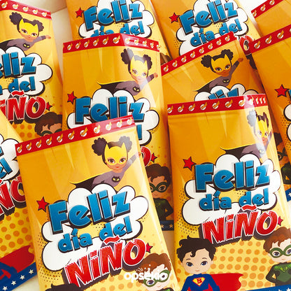 Chip Bag Feliz Día del Niño Superhéroes - Imprimible PDF y PNG